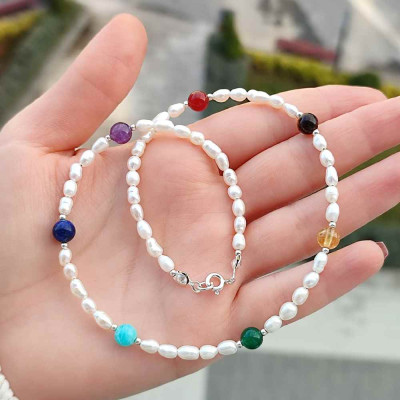 Multi stone Necklace , 925 Sterling Silver , chakras , pearl Necklace