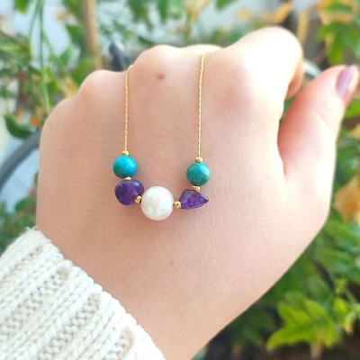 Multi Stone Pendant amethyst , turquoise , pearl in One Pendant
