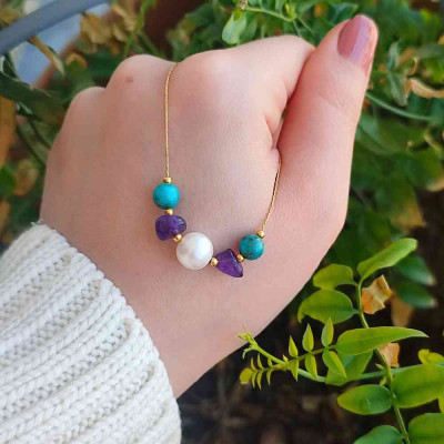 Multi Stone Pendant amethyst , turquoise , pearl in One Pendant