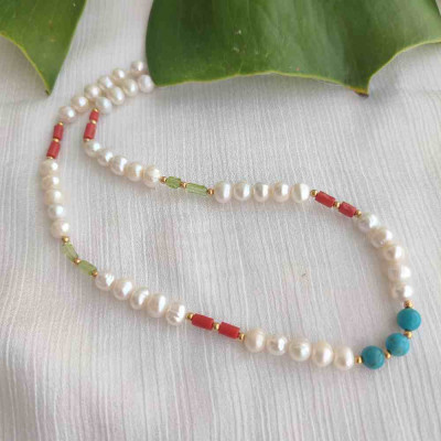 925 Silver Natural Red Coral Stone , Pearl , peridot & Turquoise stone Pendant
