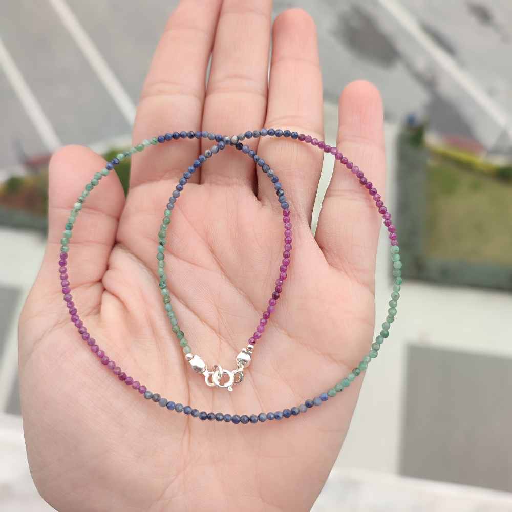 Multi stone Necklace , 925 Sterline Silver Red Ruby , Blue & Yellow Sapphire , Green Emerald Necklace 