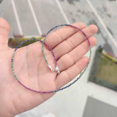 Multi stone Necklace , 925 Sterline Silver Red Ruby , Blue & Yellow Sapphire , Green Emerald Necklace