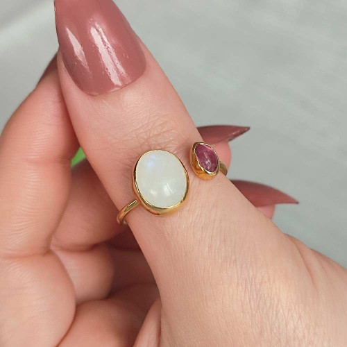 Multi Stone Ring , 925 Silver Pink Tourmaline & Moonstone Stone Ring - Free Size