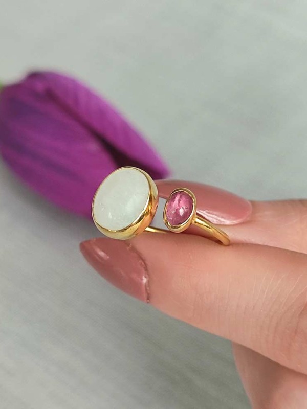 925 Ayar Gümüş Pembe Turmalin & Aytaşı Taşlı Yüzük