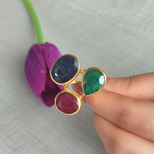 Multi Stone Ring , 925 Silver Emerald , Ruby & Sapphire Stone Ring