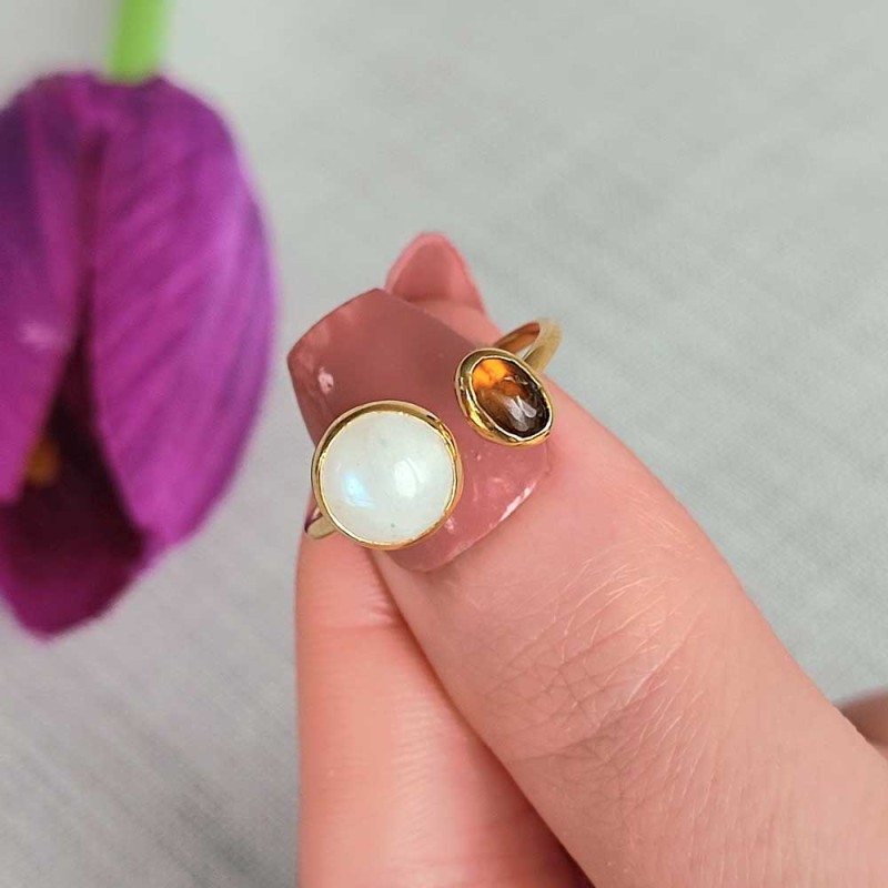 Multi Stone Ring , 925 Silver Tourmaline & Moonstone Stone Ring