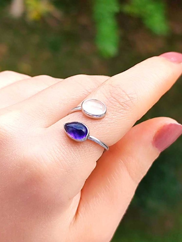 925 Ayar Gümüş Pembe Kuvars & Ametist Taşlari Yüzük