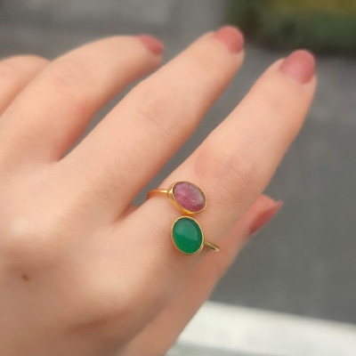 925 Silver Tourmaline & Green Onyx Stone Ring - Free Size