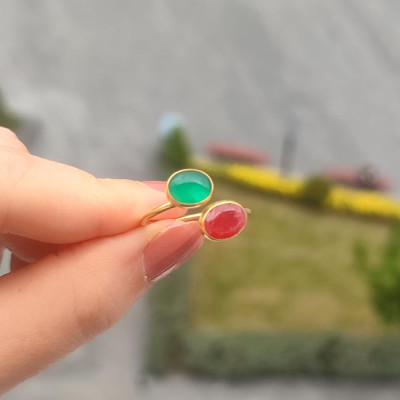 925 Silver Red Ruby & Green Onyx Stone Ring - Free Size