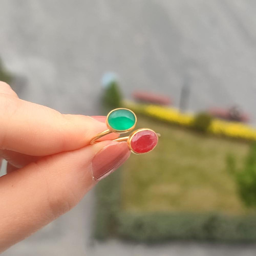 925 Silver Red Ruby & Green Onyx Stone Ring - Free Size 925 Silver Red Ruby & Green Onyx Stone Ring - Free Size