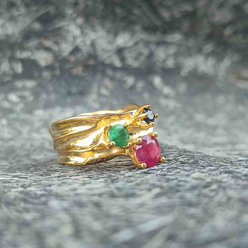 Multi Stone Ring , 925 Silver Emerald , Ruby & Sapphire Stone Ring