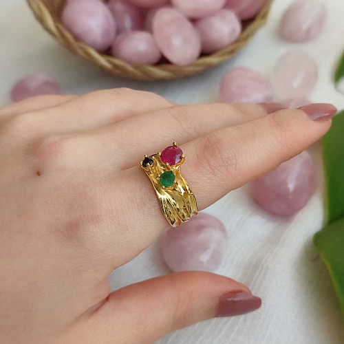 Multi Stone Ring , 925 Silver Emerald , Ruby & Sapphire Stone Ring