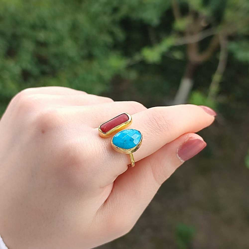 Multi Stone Ring  , 925 Sterling Silver Natural Turquoise & Red Coral Stone Ring