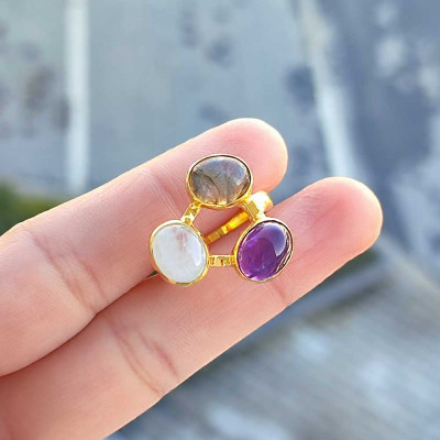 Multi Stone Ring , 925 Silver Labradorite , Amethyst & Moonstone Stone Ring