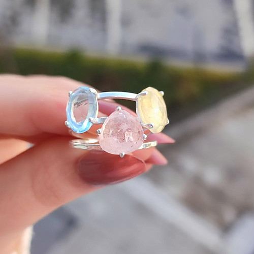 Multi Stone Ring , 925 Silver Morganite , Blue Topaz & Sapphire Stone Ring