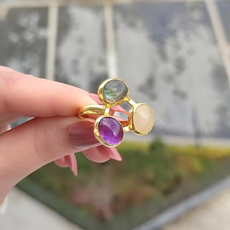 Multi Stone Ring , 925 Silver Labradorite , Amethyst & Rutilated Quartz Stone Ring