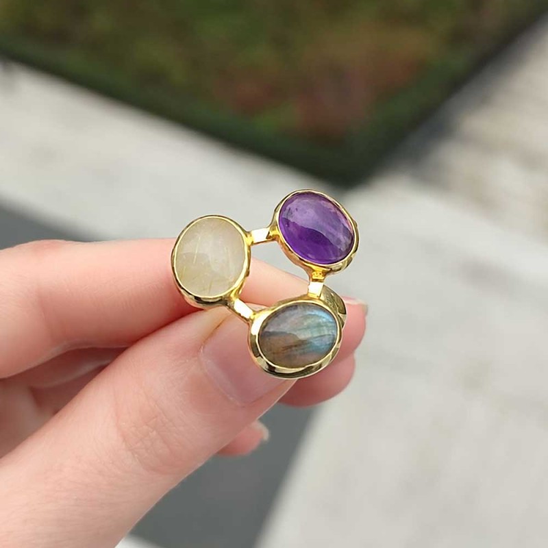 Multi Stone Ring , 925 Silver Labradorite , Amethyst & Rutilated Quartz Stone Ring