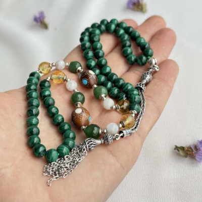 925 Sterling Silver Malachite Stone Rosary - Men Rosary