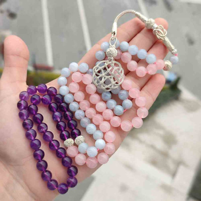 Multistone Rosary ;  Natural Aquamarine & amethyst & rose quartz  8mm With Trabzon Silver