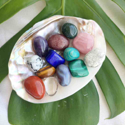 Natural Selenite Stone Dish with 8 Different Natural Stones