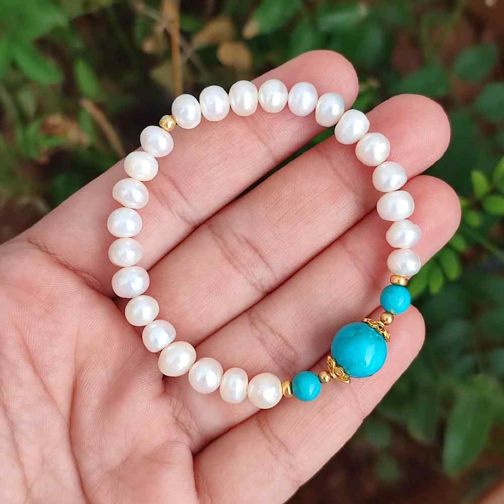 Multi Stone Bracelet ,6mm pearl, turquoise Stones Bracelet