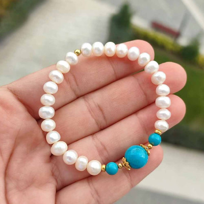 Multi Stone Bracelet ,6mm pearl, turquoise Stones Bracelet