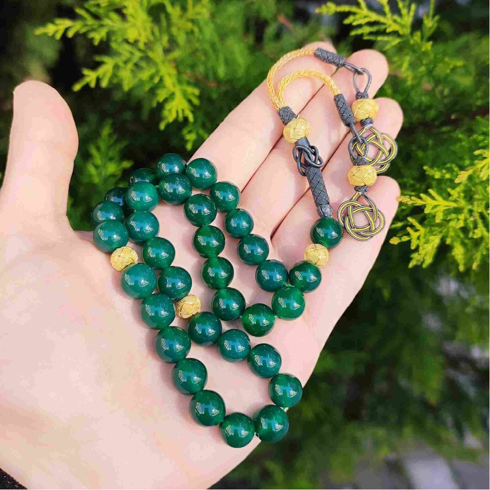 Natural Green Agate Rosary 10 mm With Trabzon Silver - Men Rosary
