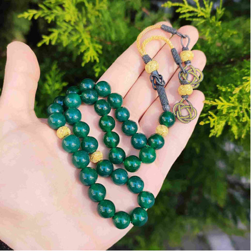 Natural Green Agate Rosary 10 mm With Trabzon Silver - Men Rosary