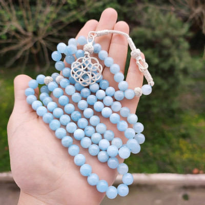 Natural Aquamarine Rosary 8mm With Trabzon Silver