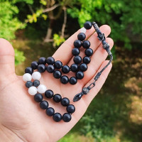 8mm Natural Black Onyx & Moonstone Rosary With Trabzon Silver - Men Rosary