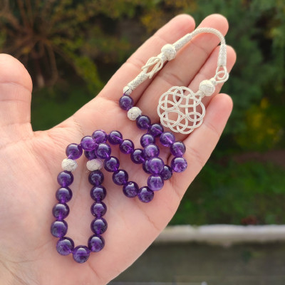 Natural Amethyst Rosary 8mm With Trabzon Silver - Men Rosary