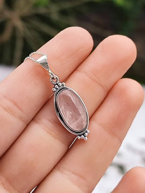 925 Ayar Gümüş Pembe kuvars Kolye