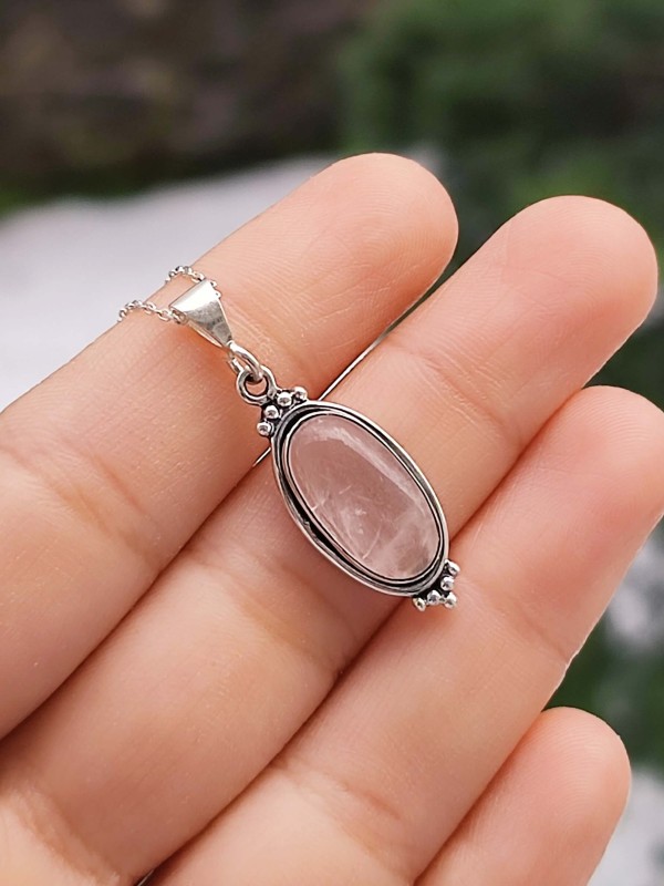 925 Ayar Gümüş Pembe kuvars Kolye