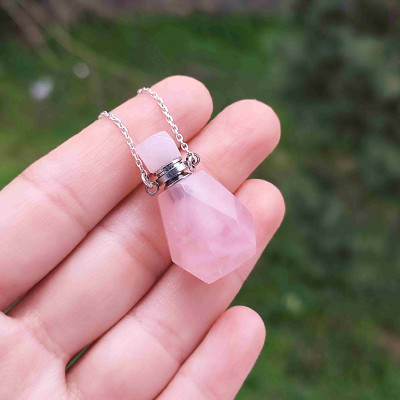 Faceted Rose Quartz Stone Perfume Bottle Pendant