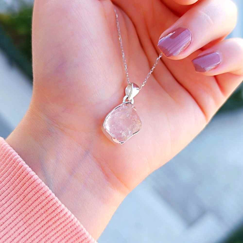 925 Ayar Gümüş Pembe kuvars Kolye