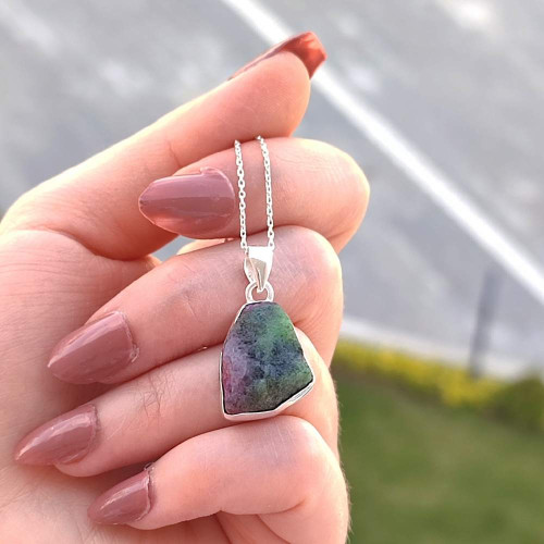 925 Silver Natural Ruby Zoisite Stone Pendant - Raw Shape 925 Silver Natural Ruby Zoisite Stone Pendant - Raw Shape