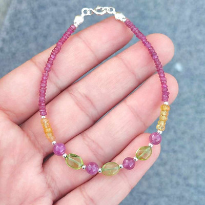 Multi Stone Bracelet , 6mm Green Perİdot , Yellow Sapphire & Ruby Stones Bracelet