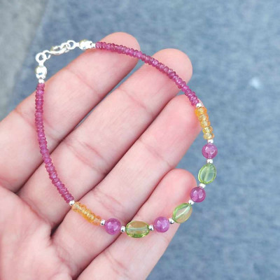 Multi Stone Bracelet , 6mm Green Perİdot , Yellow Sapphire & Ruby Stones Bracelet