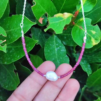 925 Silver Natural Red Ruby & White Pearl Neckalce