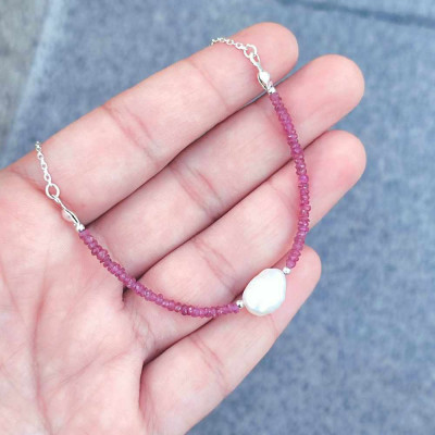 925 Silver Natural Red Ruby & White Pearl Neckalce
