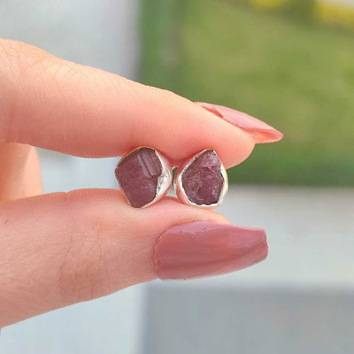 925 Silver Natural Red Ruby Stone Earring - Raw Shape