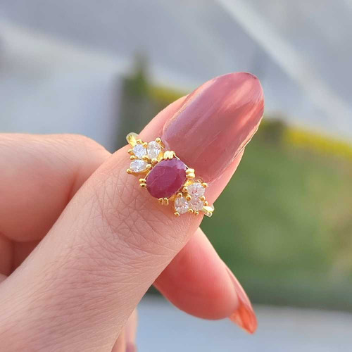 925 Silver Natural Red Ruby Stone Ring - Zircon Around