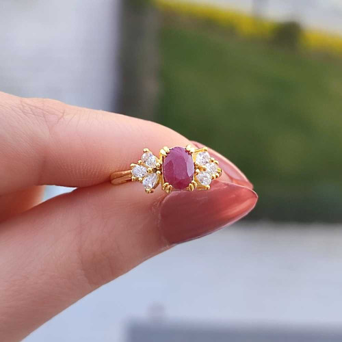 925 Silver Natural Red Ruby Stone Ring - Zircon Around