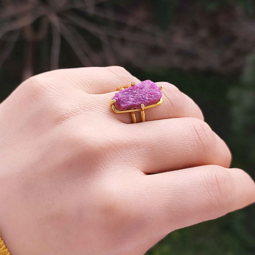 925 Silver Natural Red Ruby Stone Ring - Raw Shape