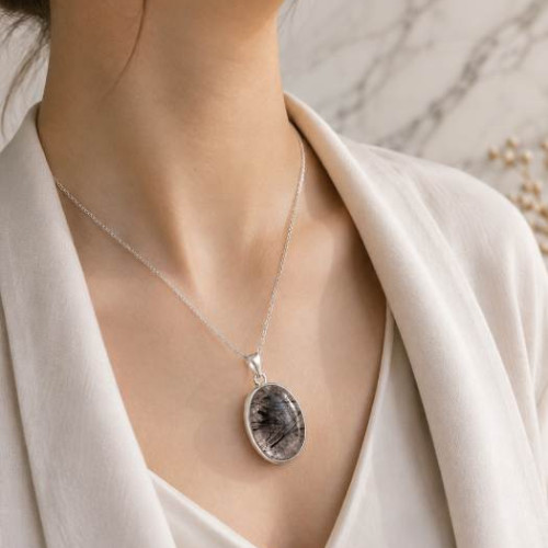925 Silver Natural Black Rutilated Quartz Stone Pendant