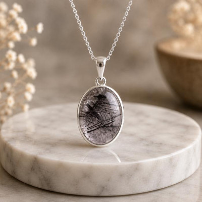 925 Silver Natural Black Rutilated Quartz Stone Pendant