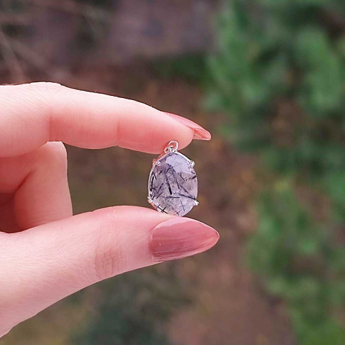 925 Silver Natural Black Rutilated Quartz Stone Pendant
