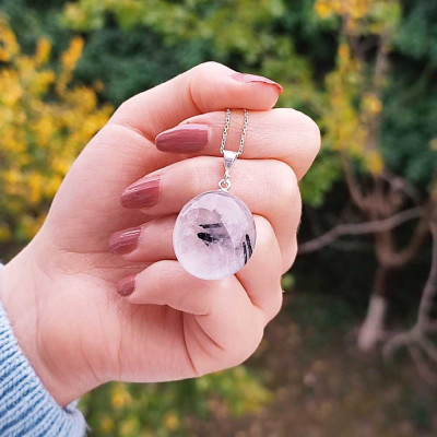 925 Silver Natural Black Rutilated Quartz Stone Pendant