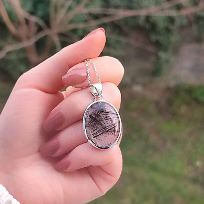 925 Silver Natural Black Rutilated Quartz Stone Pendant