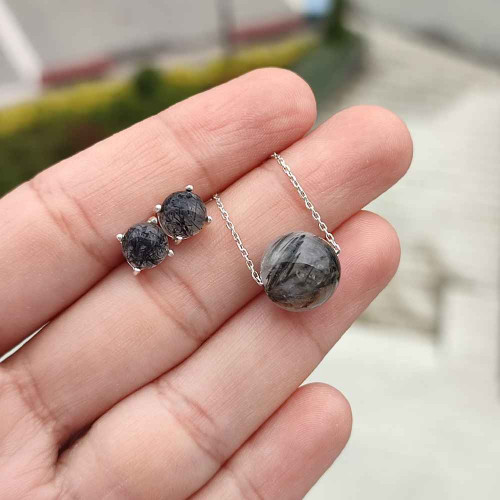 925 Silver Natural Black Rutilated Quartz Stone set